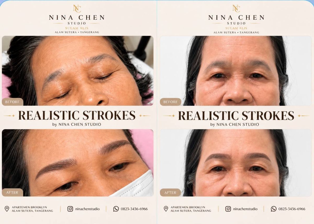 Before after sulam alis Realistic Stroke Ibu Sudarmi — Nina Chen Studio Alam Sutera